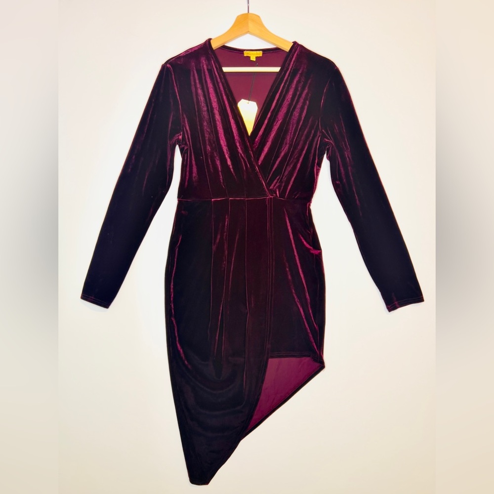 NWT- Velvet Bodycon dress- Wine Size:L, Hi-Lo hem. Perfect for Fall 🍁🍃
